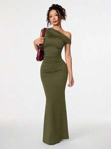 Ropa de verano, atuendos para citas diarias y viajes, atuendos de fiesta, ropa interior elegante para mujeres, atuendos para salir, vestido asimétrico con hombros caídos y cola de pez extra larga, atuendos de club para mujeres, atuendos para - Verde militar - Ver 1