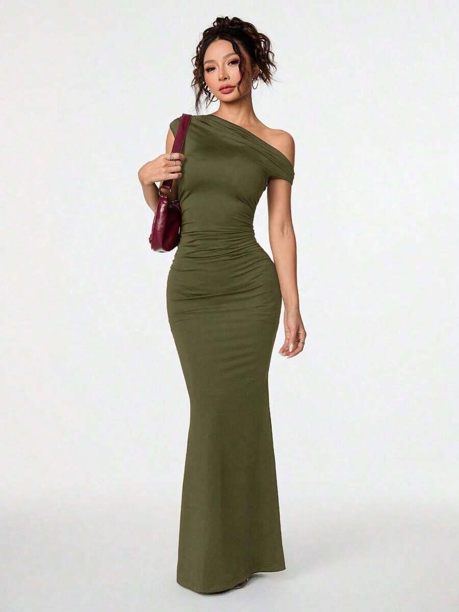 Ropa de verano, atuendos para citas diarias y viajes, atuendos de fiesta, ropa interior elegante para mujeres, atuendos para salir, vestido asimétrico con hombros caídos y cola de pez extra larga, atuendos de club para mujeres, atuendos para - Verde militar - Ver 1
