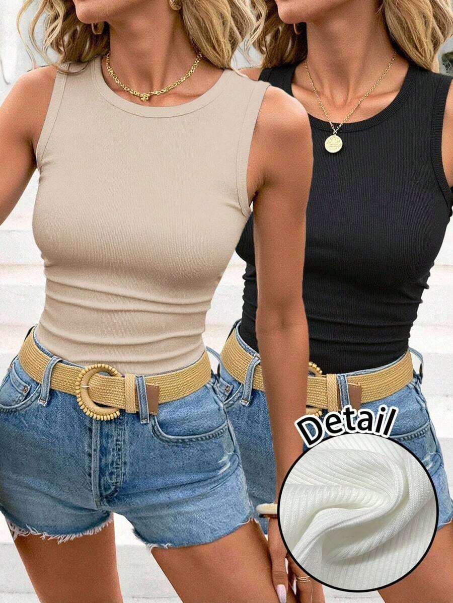 Set de 2 camisetas ajustadas de cuello redondo para mujer, casual, de vuelta al colegio - Multicolor 10 - Ver 1