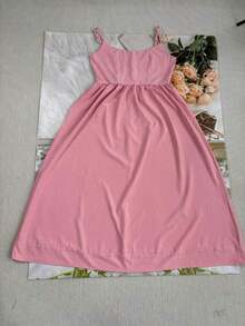 Vestido de fiesta elegante de verano con cuello en U, drapeado y bajo acampanado de unicolor - Rosa - Ver 6