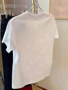 Women's Midi-Length Short-Sleeved T-Shirt With Cartoon Tomato And Heart Print, Minimalist Slimming Loose Design, Casual White Summer T-Shirt For Women. - 白色 - 查看 3