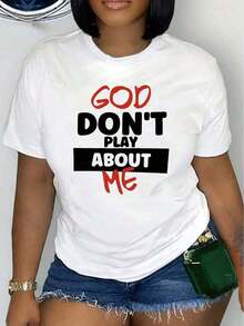 Camiseta Gráfica God Don'With Me para Mujer de FASHIOGIRL - Cuello Redondo Casual, Manga Corta, Cómoda, para Primavera/Verano, Blanca con Estampado Negro y Rojo, Ligera,% Tela, Camisetas Gráficas - Blanco - Ver 7