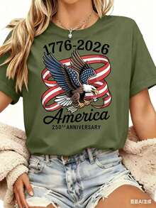 Women's Casual T-Shirt | United States Of America, 250th Anniversary Eagle And Flag Print, 1776-2026, Independence Day Celebration Clothing, Crew Neck, Regular Sleeves, Slightly Stretchy Fabric, Breathable For Summer - 綠色 - 查看 4