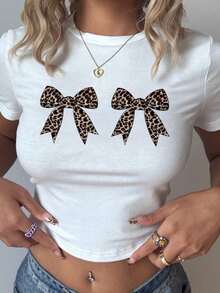 3 Minimalist Casual Long-Sleeved T-Shirts With A Round Neck, Leopard Print, Bow, And Cherry Motif, New York Style, For Women, Suitable For Summer And Back To School. | Exquisite Design | Loose And Comfortable | Easy To Match | - 白色 - 查看 3