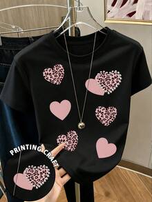 Fashionable Women's T-Shirt, Heart Print Top, Heat Transfer Print, Leopard Print Heart, Regular Fit, Stylish Feminine Top, New Summer T-Shirt, Suitable For Everyday Wear - 黑色 - 查看 1