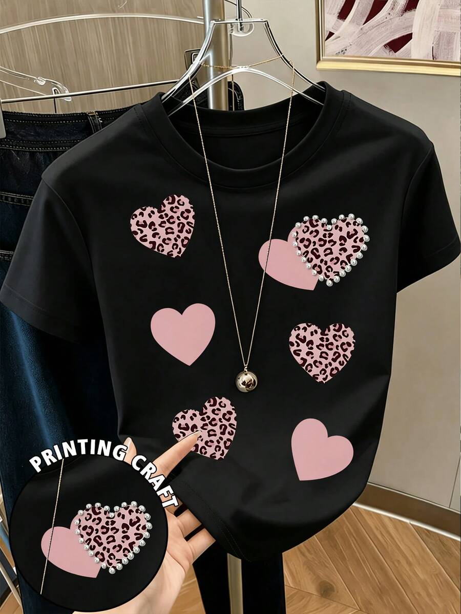Fashionable Women's T-Shirt, Heart Print Top, Heat Transfer Print, Leopard Print Heart, Regular Fit, Stylish Feminine Top, New Summer T-Shirt, Suitable For Everyday Wear - 黑色 - 查看 1
