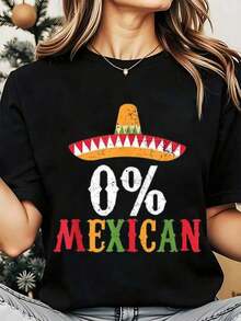 Sombrero 0 Percent Women's Mexican Print Crew Neck T-Shirt For Party, Cinco De Mayo Celebration, 220g, Short Sleeve T-Shirt - 黑色 - 查看 6