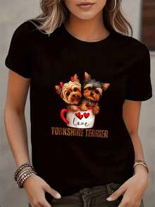 LooseCamiseta para Mujer con Diseño de Yorkshire Terrier Amor en Taza Estilo Divertido y Tierno para Amantes de Perros Casual VeranoBasic Crew Neck Cotton T-shirt for Women - Blanco - Ver 9