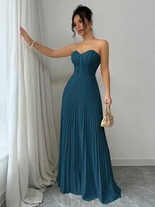 Vestido elegante y romántico para mujer con cintura fruncida y silueta de línea A - Agua verde azul - Ver 5