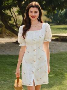 Vestido elegante y clásico vintage con bordado floral, vestido ajustado de primavera/verano con cuello cuadrado, botones de perla, manga corta, volante en el bajo, vestido blanco mini - Amarillo - Ver 6