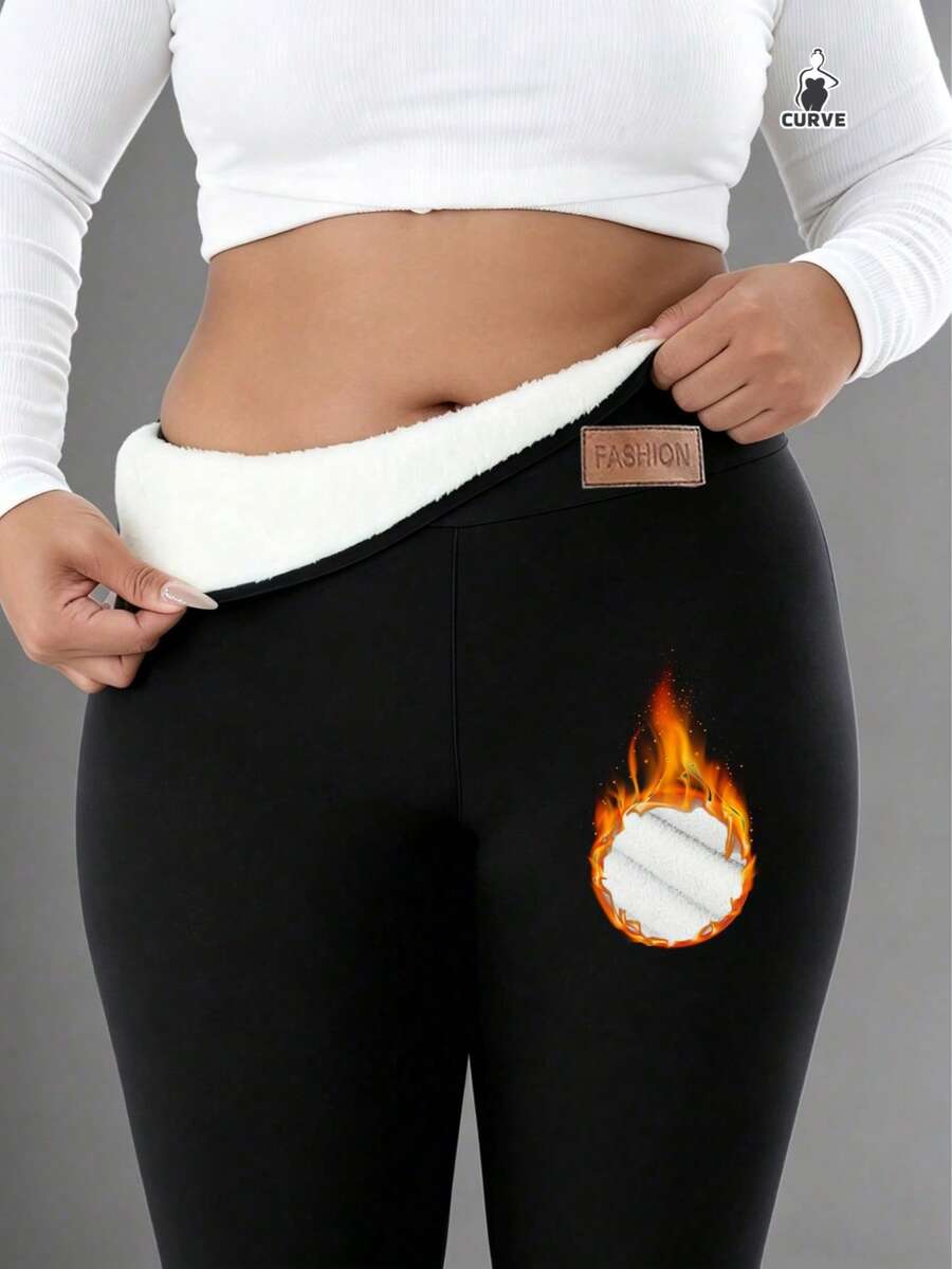 Plus Size Women's Warm Leggings, High Waist Elastic Pants, Thermal Lined Thick Pants For Autumn/Winter - Black - View 1