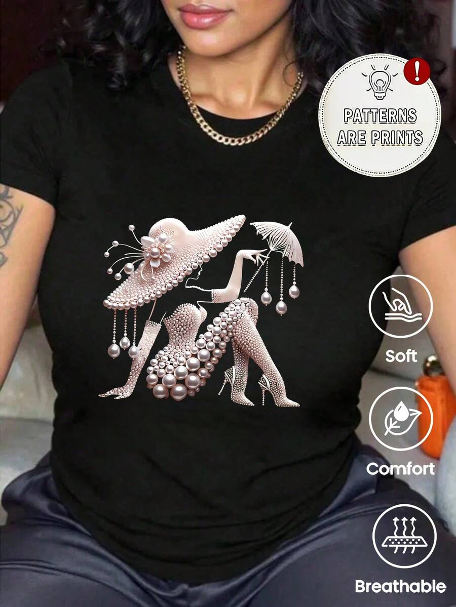 Esta camiseta de manga corta, cuello redondo y corte holgado para mujer es perfecta para el verano. Presenta un estampado de silueta retro y es ideal para vacaciones, la oficina, salidas, el día a día, citas, fiestas, reuniones y un estilo urbano. Esta versátil prenda deportiva informal también es un regalo estupendo para diversas ocasiones. - Negro - Ver 1