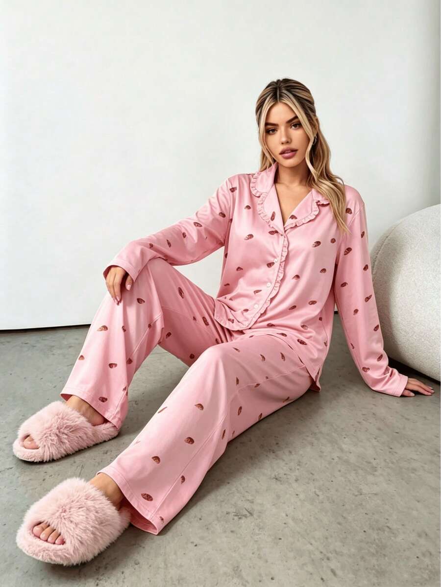 2pcs Women Loose Comfortable Breathable Long Sleeve Top And Long Pants Pajama Set