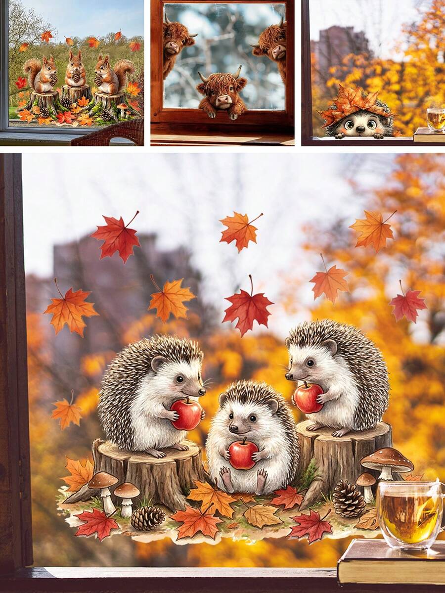 1pc/3pcs Cute Cartoon Hedgehog Stump Maple Leaf Static Window Sticker, Premium Glue-Free PVC Reusable Electrostatic Cling, Autumn Winter Seasonal Design, Perfect For Kids Room Glass Window, Living Room And Home Indoor Festival Decorative Ornament - Double-sided Viewing - View 1