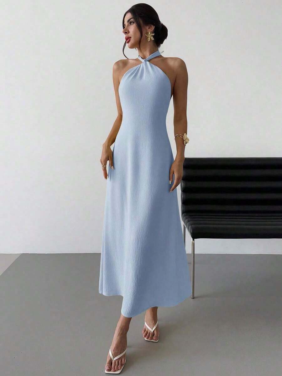 Vestido largo suelto sin mangas y sin espalda, elegante para vacaciones y fiestas, romántico y de moda para el verano, la playa - Celeste - Ver 1