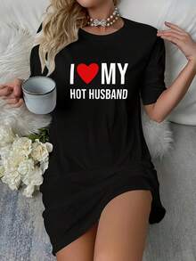 Camiseta Estampada para Mujer I ♥   MY HOT HUSBAND - Camiseta Casual de Manga Corta y Cuello Redondo, Corte Relajado para Todas las Estaciones, Perfecta para Uso Diario y Vacaciones, Lavable aáquina. - Negro - Ver 6