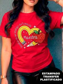 New 2026 Playera estampada con lápiz en forma de corazón, una manzana con efecto de glitter pero es estampado, el texto de Maestra y la frase Enseñar es un trabajo de corazón, diseño estampado, playera colorida, moderna, casual, cuello redondo, manga corta, ideal para llevarla a la escuela o al trabajo, holgada, a la moda, para uso diario. - Rojo - Ver 6