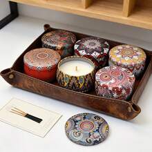 6 piezas Frascos de vela estilo bohemio con tapas estampadas, perfectos para principiantes en la fabricación de velas. Estos recipientes versátiles se pueden utilizar para almacenamiento o fabricación de velas, lo que los convierte en regalos ideales - Patrón bohemio - Ver 2