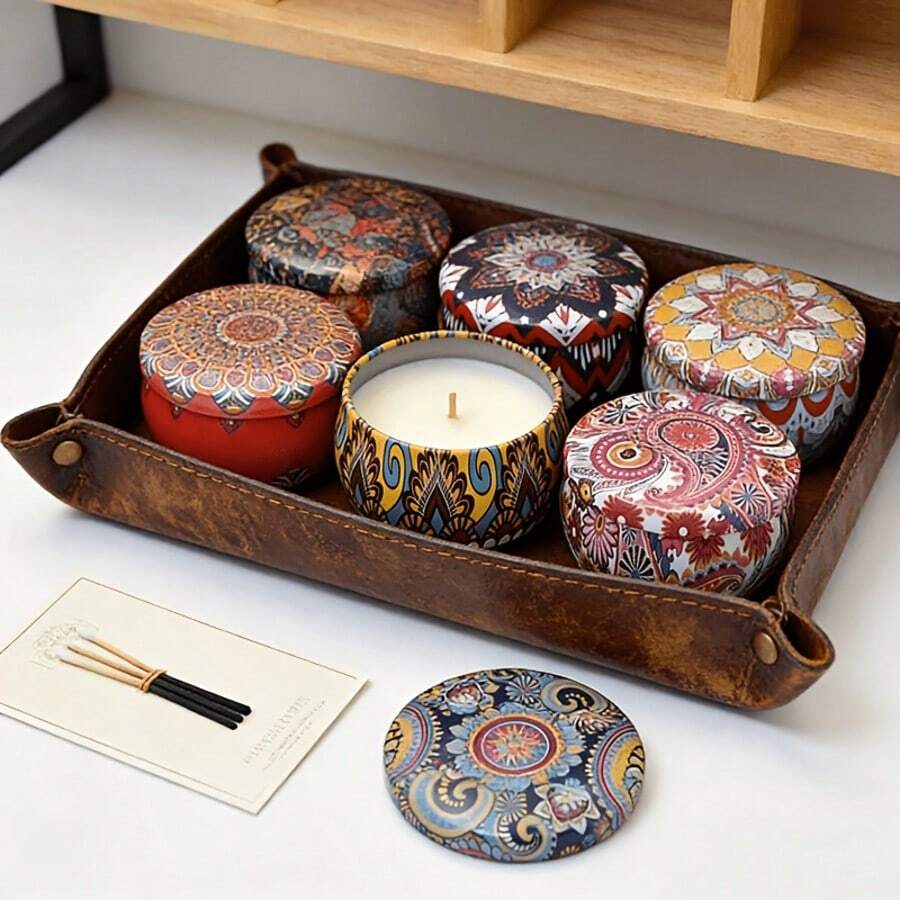 6 piezas Frascos de vela estilo bohemio con tapas estampadas, perfectos para principiantes en la fabricación de velas. Estos recipientes versátiles se pueden utilizar para almacenamiento o fabricación de velas, lo que los convierte en regalos ideales