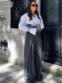 2026 Printemps/Été Pantalon ample et évasé à la mode pour femmes, avec poches et pinces, pantalon décontracté de bureau et de rue - Bleu marine - Voir 5