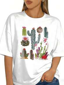 ropa de mujer Camiseta con estampado gráfico divertido de cactus para amantes de las plantas y la jardinería, manga corta, cuello redondo, top casual para verano y primavera, ropa de mujer camisas de mujer - Blanco - Ver 6
