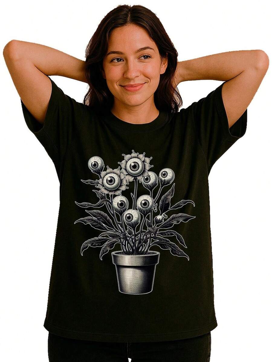Camiseta Creepy Plant Eyeballs TShirt Floral Goth Weirdcore T1EE Odd Dark CottagE1core Gift. Camiseta unisex de algodón puro de 220 g, peso ideal para todas las estaciones, apta tanto para hombres como para mujeres. Tejido duradero de alta calidad, suave al tacto y de larga duración. Prenda transpirable, adecuada para el uso de otoño y vacaciones de las mujeres. - Negro - Ver 1