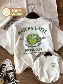 [Impresión a Doble Cara] Camiseta Casual de Verano para Mujer, Estilo Vintage, Estampado de Arte Latte con Taza de Matcha, Camiseta de Manga Corta de Algodón Puro con Cuello Redondo y Estampado MATCHA LATTE SOCIAL [LingK] Conjuntos de Verano para Mujer AGA3 - Blanco - Ver 1