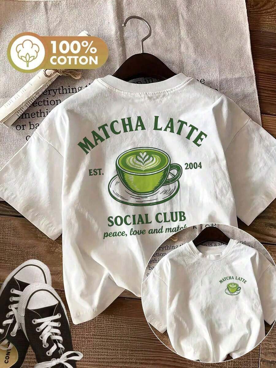 [Impresión a Doble Cara] Camiseta Casual de Verano para Mujer, Estilo Vintage, Estampado de Arte Latte con Taza de Matcha, Camiseta de Manga Corta de Algodón Puro con Cuello Redondo y Estampado MATCHA LATTE SOCIAL [LingK] Conjuntos de Verano para Mujer AGA3 - Blanco - Ver 1