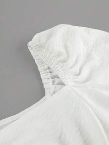 Vestido francés cuello cuadrado con textura arrugada, mangas abullonadas y corte A, modelo elegante 2026. - Blanco - Ver 7
