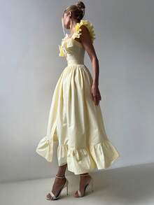 Vestido a rayas con mangas volantes y borde de volutos cintura ajustable estilo casual - Amarillo - Ver 4