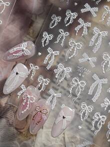 5D Embossed Pearl Bow Nail Stickers, Beaded Tassel Bow Heart Self-Adhesive Nail Decals, Suitable For Sweet Style DIY Nail Decoration, 1pc/Pack - White - View 3