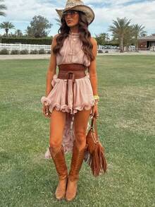 Women's Spring/Summer Solid Color Elegant Ruffled Sleeveless Short Dress Set Casual Vacation Chiffon Two-Piece Set - 粉色 - 查看 2