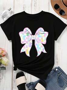Camiseta con estampado de conejo de Pascua en tonos pastel para mujer, top casual de manga corta, moda de primavera y verano, camiseta gráfica linda, transpirable y cómoda. - Negro - Ver 2