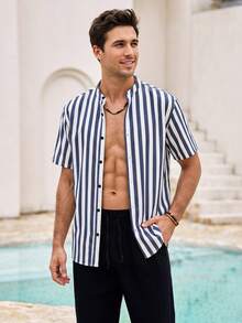 Mercer Haus Camisa de manga corta casual con estampado de rayas para hombre, verano - Azul y blanco - Ver 1