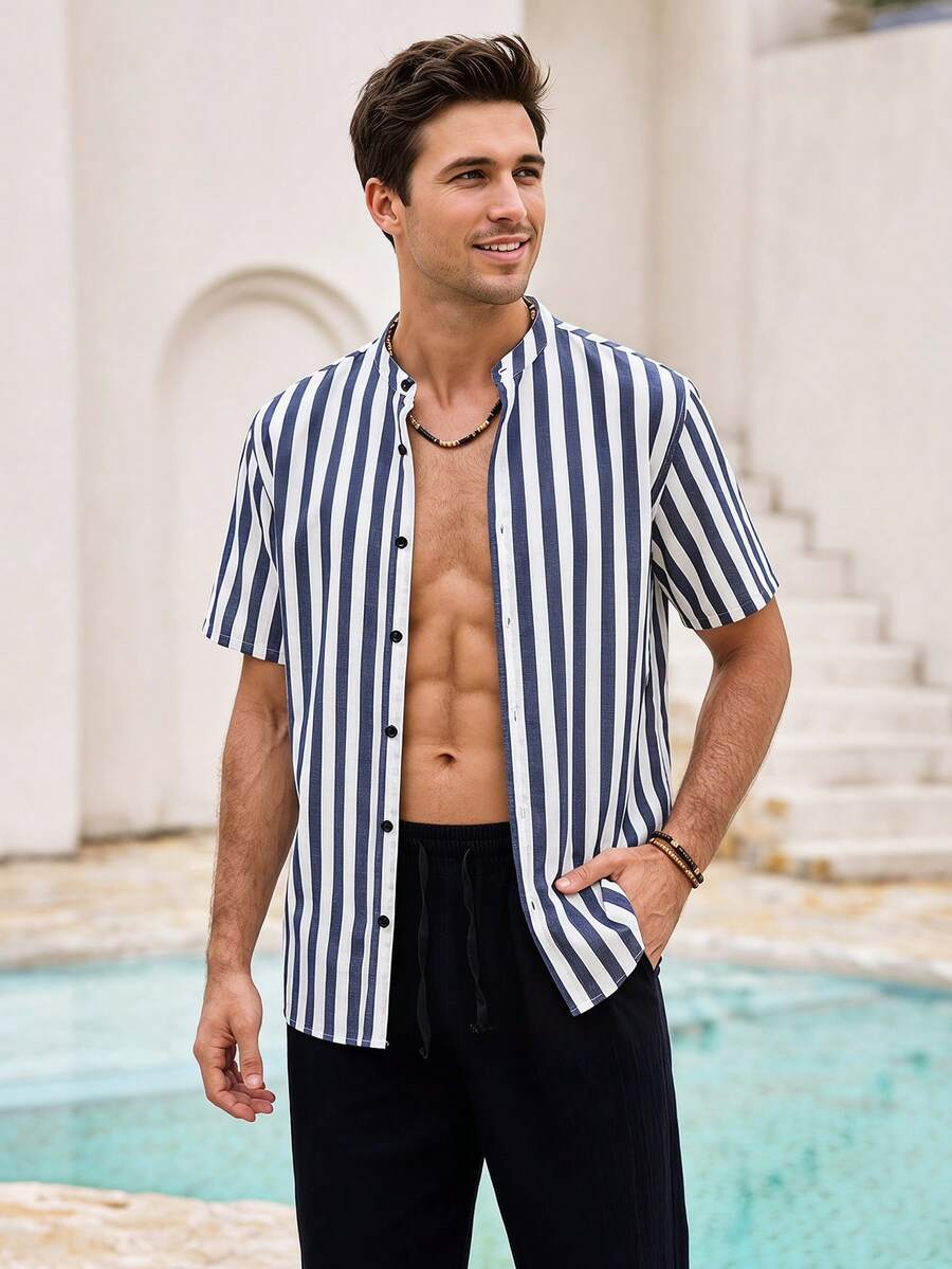 Mercer Haus Camisa de manga corta casual con estampado de rayas para hombre, verano - Azul y blanco - Ver 1