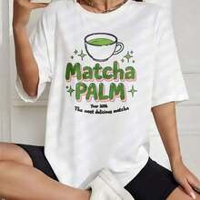 Camiseta de algodón estampada estilo coreano de verano para mujer, con diseño de palma matcha, estrellas y texto, manga corta, cuello redondo, top para damas. - Blanco - Ver 1