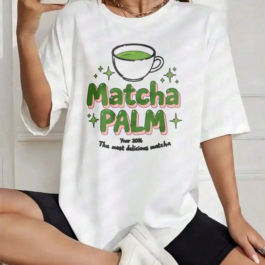 Camiseta de algodón estampada estilo coreano de verano para mujer, con diseño de palma matcha, estrellas y texto, manga corta, cuello redondo, top para damas. - Blanco - Ver 1