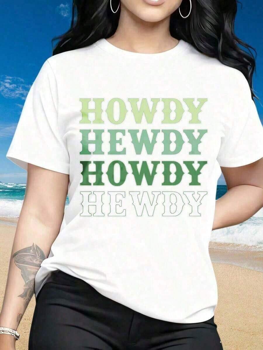 1 pieza de camiseta de talla con cuello redondo, camiseta de manga corta para mujer con divertidos estampados de San Valentín. Camiseta Howdy Hewdy Howdy Hewdy para mujer, top casual de verano para playa, camiseta gráfica con diseño de texto en blanco y verde. Ocasiones aplicables: Día de San Patricio, actividades deportivas, reuniones festivas, actividades al aire libre, deportes y otros regalos navideños. Estilo callejero vintage, camiseta unisex holgada de algodón de manga corta con cuello redondo. - Blanco - Ver 1