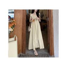 Sweet Youth Backless Square Neck Lotus Leaf Sleeve Bow Lace-Up Dress, Elegant Spring And Summer Long Dress - Màu be - Xem 3