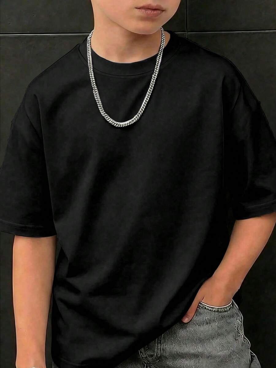Tween Boy Cool And Fashionable Solid Color Short Sleeve Round Neck T-Shirt - Black - View 1