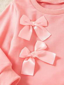 2pcs Baby Girls' Casual Solid Color Bow Decor Long Sleeve Top And Printed Faux Denim Pattern Pants Set, Spring/Autumn - Pink - View 4