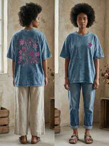 Camiseta de algodón casual con estampado para mujer, top negro lavado, cuello redondo de manga corta, diseño minimalista, adecuado para uso diario, estilo retro, regalo del Día de San Valentín de verano - Azul - Ver 8