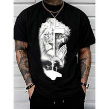 Camiseta de manga corta para mujer, 100% algodón, corte clásico, estampado de leones y Jesús, cuello redondo, top casual de uso diario para verano, ropa de mujer, color blanco, estilo veraniego. - Negro - Ver 1