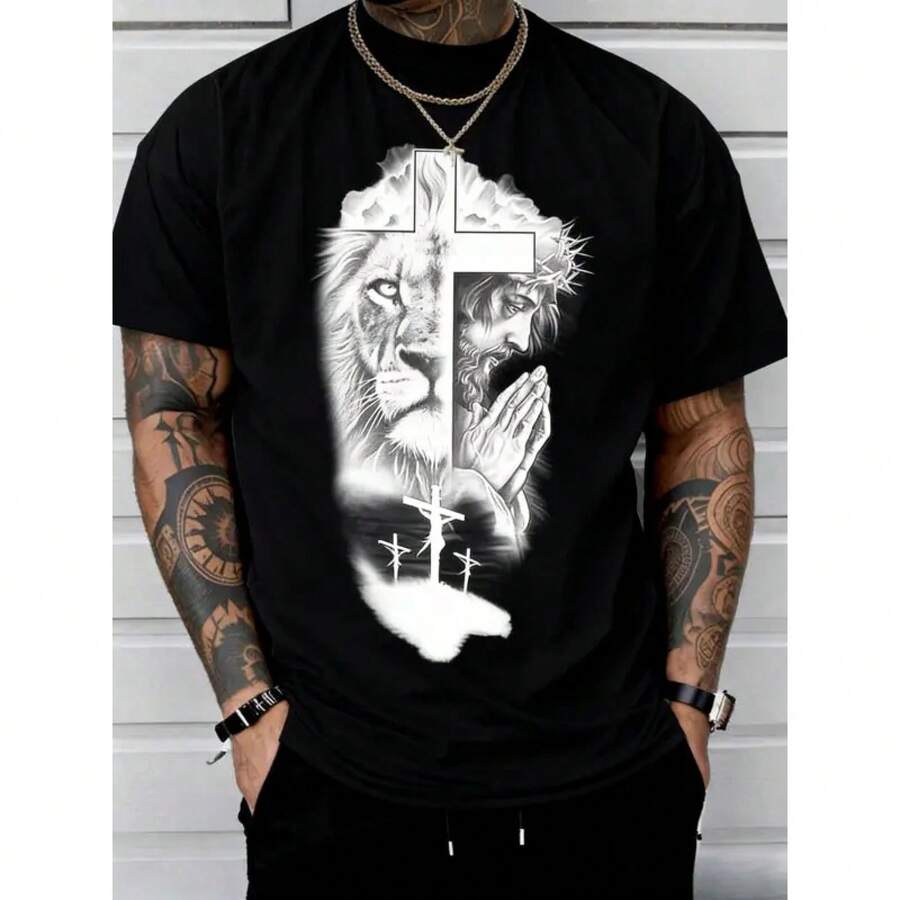 Camiseta de manga corta para mujer, 100% algodón, corte clásico, estampado de leones y Jesús, cuello redondo, top casual de uso diario para verano, ropa de mujer, color blanco, estilo veraniego. - Negro - Ver 1