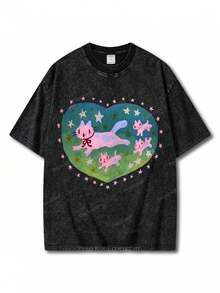 1 pieza de camiseta de algodón lavado, con estampado de gato en forma de corazón, camiseta de marca de moda vintage de algodón batik de alta calidad, camiseta para mujer, popular para uso diario, regalo de vacaciones, regalo perfecto, 180g 100% algodón. - Negro - Ver 6