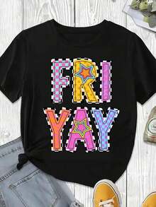 Elegante y casual para mujer, manga corta, camiseta con estampado gráfico Friday YAY, divertida para festivales, ropa casual negra, atuendo de verano. - Negro - Ver 3