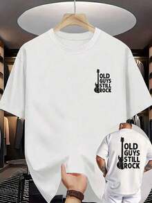 Regalo [Camiseta Deportiva] Nueva Camiseta Casual Estampada para Hombre de Verano con Cuello Redondo Acanalado y Mangas Cortas. Hecho de tela de punto, ofrece una sensación refrescante y cómoda. Cuenta con impresión a doble cara con un diseño de guitarra, lo que la convierte en una camiseta de verano estampada ideal para personas relajadas y de talla grande. Suave. - Blanco - Ver 3