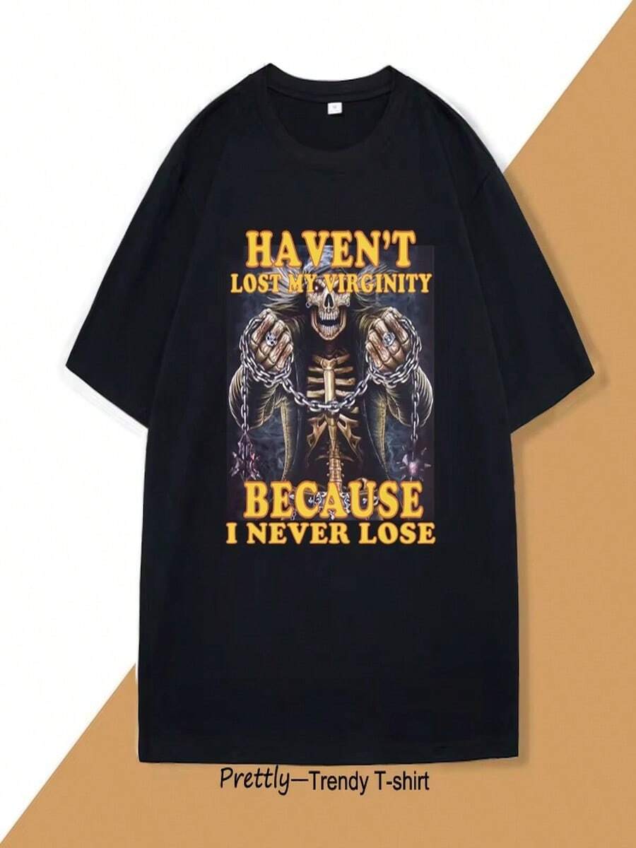 "Todavía no he perdido la virginidad"-Camiseta divertida con calavera, camiseta con chiste de calavera, camiseta para solteros, top informal retro de calle. - Negro - Ver 1