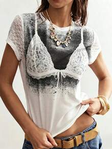 Camiseta de manga corta con estampado exclusivo combinación de encaje transparente estilo sensual - Negro - Ver 3