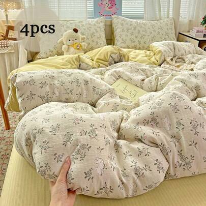 Bộ chăn ga gối 4 món, màu xanh lá nhạt in hình hoa/thỏ với họa tiết hoa hồng lãng mạn, bộ chăn ga gối phong cách đồng quê Pháp, thoải mái và bền bỉ, phù hợp cho mọi mùa, thích hợp cho gia đình/ký túc xá, bao gồm 1 vỏ chăn (không kèm ruột chăn), 1 ga trải giường, 2 vỏ gối (không kèm ruột gối).
